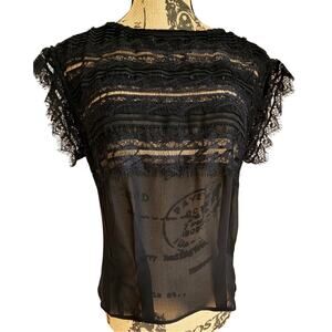 7 For All Mankind Black Intricate Lace Capped Sleeve  Sheer Top, NWOT, Sz XS